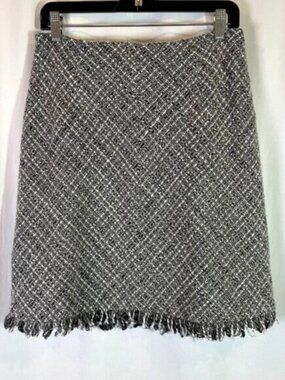 Apostrophe Wool Blend Tweed Pencil Skirt Black Gray White Fringe Lined Size 12P